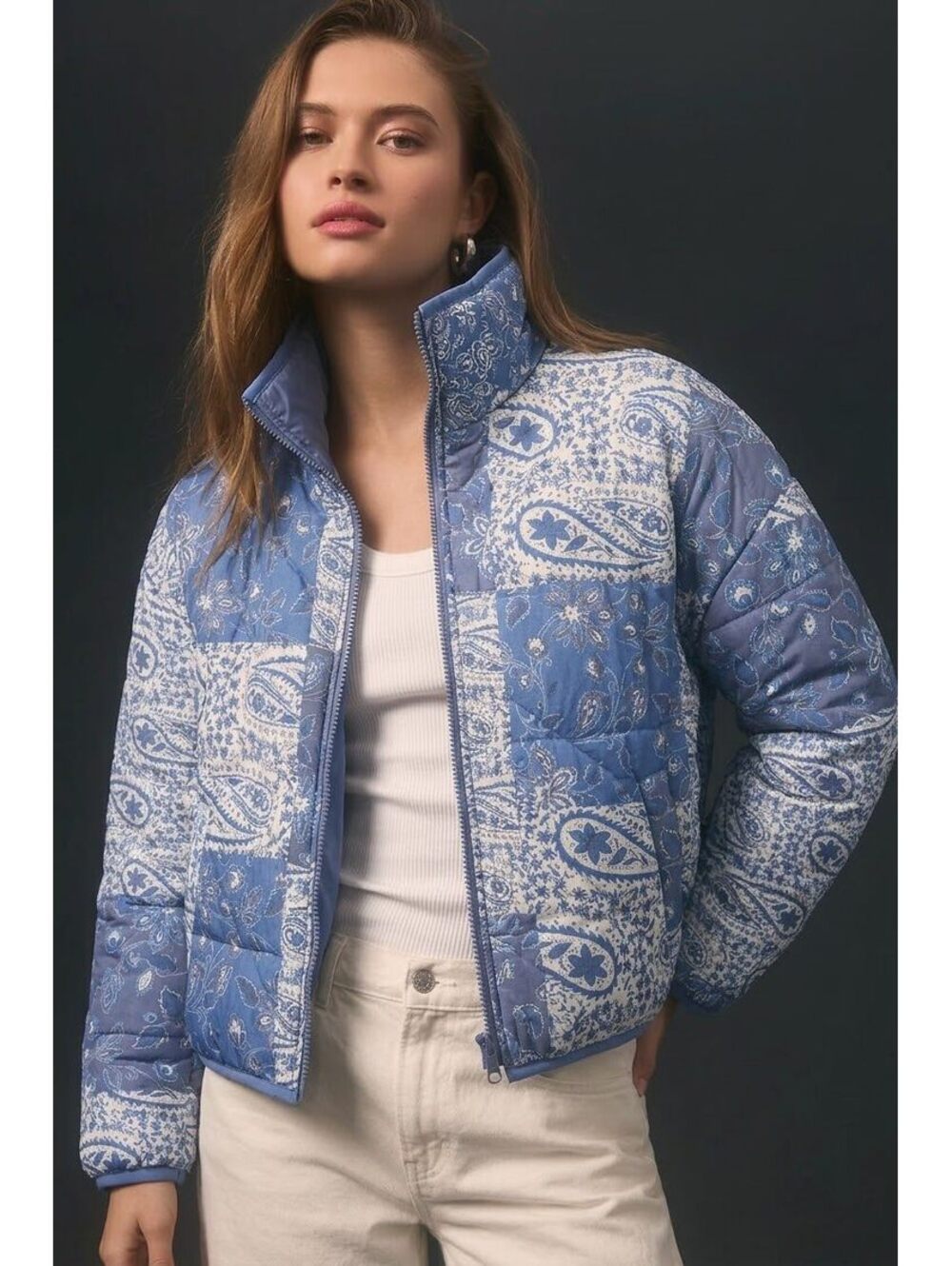 7 For All Mankind Quilted Patchwork Paisley Jacket Blue White Size Small NWOT